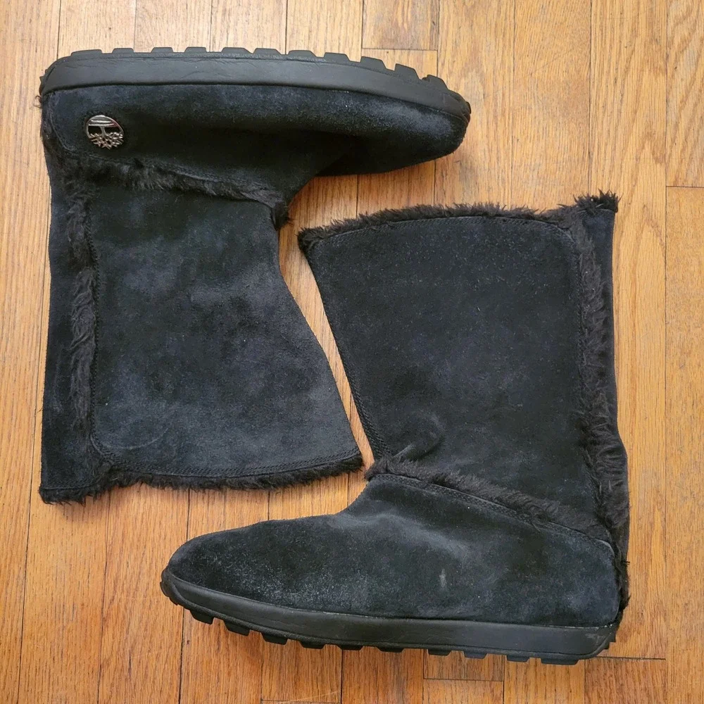 Timberland 11W Boots Black Suede Faux Fur Trim Mid Calf 61643 MUKLUK Winter